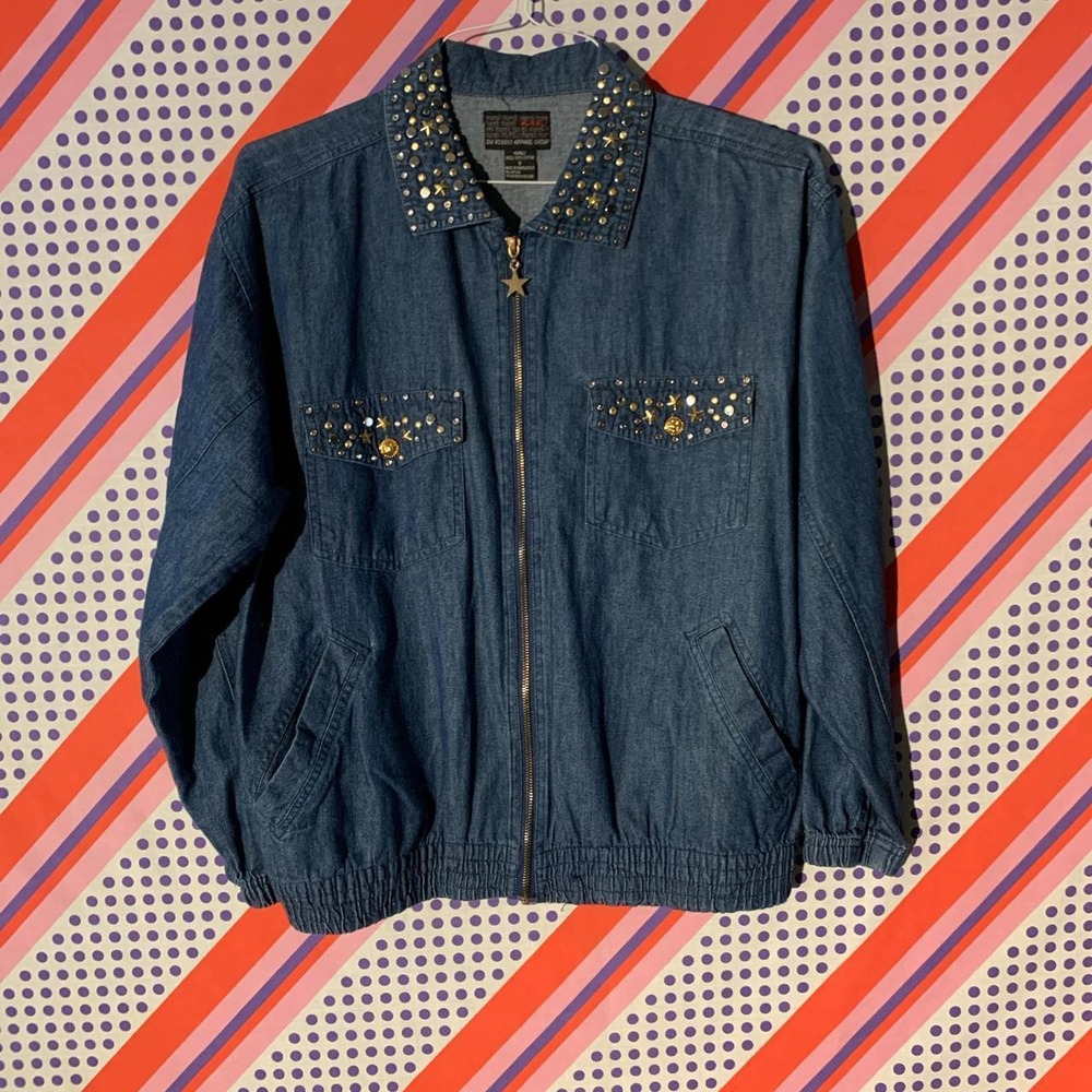 Mureli Vintage 90s Navy Blue Denim Bomber Jacket Gold Studded Collar Womens S
